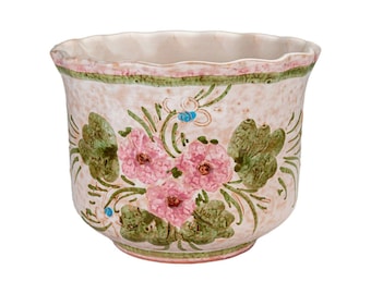 Cache-pot vintage en céramique peint à la main avec fleurs roses