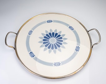 Vintage German Round Ceramic Serving Tray Metal Rim Handles Blue Floral Daisy