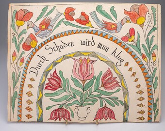Vintage 1975 A Shreiner Pennsylvania Dutch Folk Art Watercolor Paper Painting