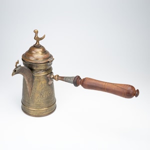 Antique Brass Middle Eastern Turkish Arabic Dallah Coffee Pot Bird Finial Wood