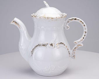 White Porcelain Coffee Pot Lidded Tea Pot Gold Gilt Trim Embossed Scroll