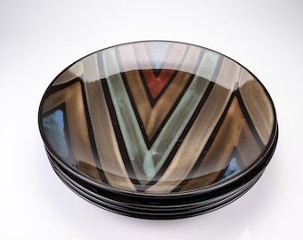 Vintage Pier 1 Zig Zag Stoneware Dinner Plates Retro Early 2000s Set of Four