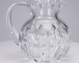 Vintage 1950s Cut Crystal Creamer Pitcher Scalloped Rim Bulbous Glass Jug 5"