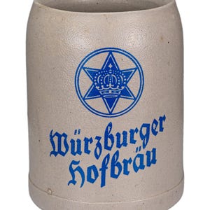 German Stoneware Beer Stein Mug, Blue Wurzburger Hofbrau Logo Barware