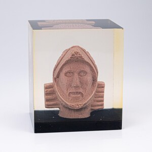 Vintage Lucite Cube Terracotta Pottery Head Museum Paperweight