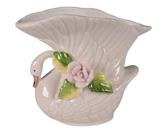 Vintage Porcelain Swan with Rose Hand Painted New in Box 3.5 in