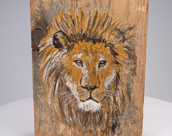 Vintage Hand Painted Lion Wall Wood Block Folk Art Painting Unknown Artist 7"