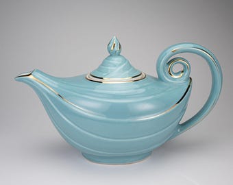 Tetera vintage Hall China Aladdin Genie azul claro turquesa con ribete dorado, 6 tazas