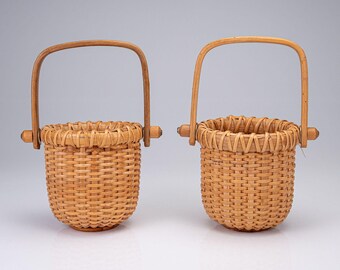 Pair of Miniature Nantucket Lightship Baskets Swing Handle Wood Cane