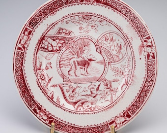Antique Charles Allerton Little Mae Dog Red Transferware Ceramic Childs Plate