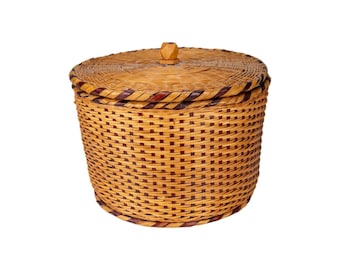 Handwoven Wood Splint Lidded Storage Basket, Two-Tone Decorative Container PRC
