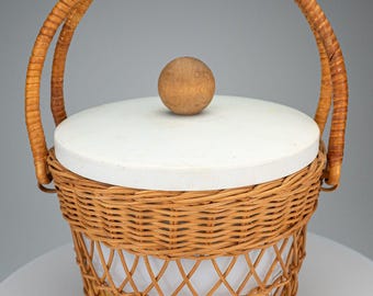 Vintage Nantucket Style Wicker and Ceramic Ice Bucket Wood Knob Handle Tongs