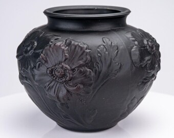 Antique Tiffin Black Amethyst Satin Glass Poppy Vase Art Deco Embossed Flowers