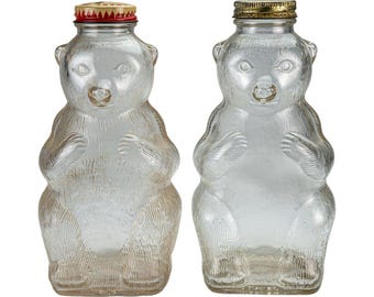 Crest Vintage Glass Bear Shaped Jars with Metal Lids One Bank - Set of 2