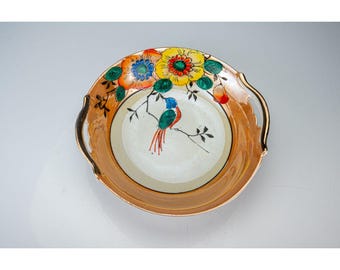 Antik japansk lusterware handmålad fågelblommor porslinsfat