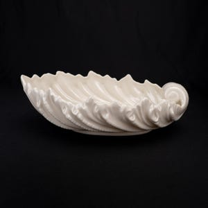 May include: A cream-coloured ceramic bowl shaped like a large, elongated seashell. The exterior features deep, rhythmic ridges and a prominent, curled spiral detail at one end, with a smooth, glossy finish throughout the entire curved structure.