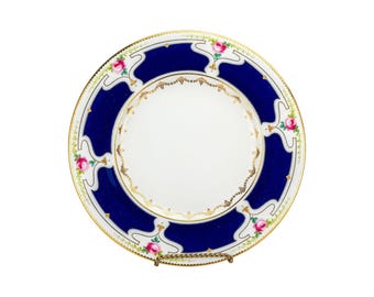 Plato llano de porcelana Mintons vintage con borde azul cobalto y rosas pintadas a mano.