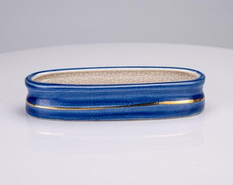 Vintage Fitz and Floyd Renaissance Blue Ceramic Bonsai Ash Tray Gold Trim Japan