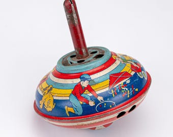 Vintage 1940s Tin Litho Spinning Top Toy Children Dog Kite Red Metal