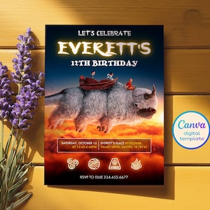 May include: A digital birthday invitation with a fantasy theme. The design includes the text "LET'S CELEBRATE EVERETT'S 12TH BIRTHDAY". It depicts a large, furry creature with riders, set against a sunset. Includes event details and RSVP information.