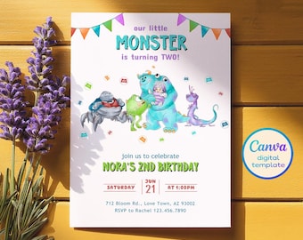 May include: A blue and purple birthday invitation with a cartoon monster character and the text "our little MONSTER is turning TWO!"  Join us to celebrate NORA'S 2ND BIRTHDAY. Saturday, June 21 at 1:00 PM. 712 Bloom Rd., Love Town, AZ 93002. RSVP to Rachel 123.456.7890.