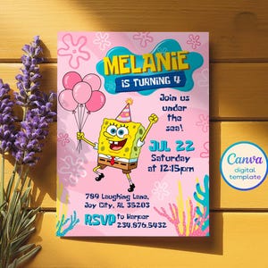 May include: A pink birthday invitation featuring SpongeBob SquarePants holding balloons. The invitation reads "Melanie is turning 4" and includes event details: July 22nd, Saturday at 12:15 PM, and an RSVP contact.