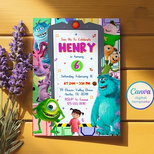 May include: A colorful birthday invitation featuring characters from the movie Monsters Inc. The invitation is for Henry's 6th birthday party and includes the date, time, and location of the party. It also includes a phone number to RSVP.