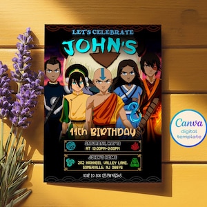May include: A digital birthday invitation with cartoon characters. The invitation text reads "Let's Celebrate John's 11th Birthday" with event details. The design includes character illustrations and decorative elements.