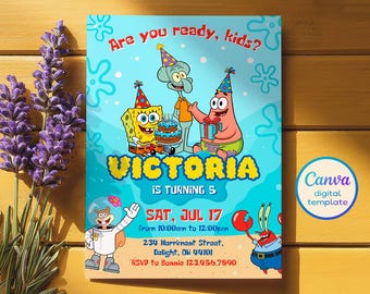 Bob Geburtstagseinladung, bedruckbare Einladung, Under The Sea Party einladen Vorlage, bearbeitbare Einladung, Junge Mädchen Geburtstag, erste Sekunde
