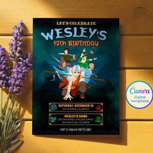 May include: A digital invitation for Wesley's 12th birthday, with cartoon characters on a teal background. The invitation includes event details: date, time, location, and RSVP information. The Canva digital template is displayed on a wooden surface.
