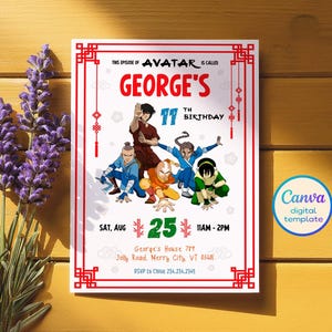 May include: A white birthday invitation with a red border and the text "This episode of Avatar is called George's 11th Birthday." The invitation features cartoon characters and event details. The Canva digital template is visible.