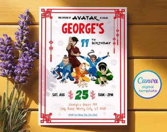 以下が含まれることがあります： 赤色の縁取りと「This episode of Avatar is called George's 11th Birthday」の文字が入った白い誕生日招待状。招待状には漫画のキャラクターとイベントの詳細が描かれています。Canvaデジタルテンプレートが表示されています。