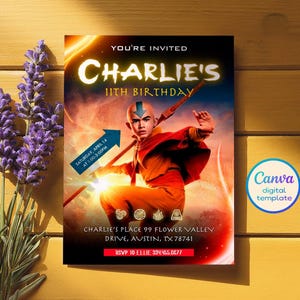 May include: A digital invitation for Charlie's 11th birthday, featuring a character in orange and red attire with a staff. The invitation includes the text "You're Invited," the date, time, and location: Charlie's Place, Austin, TX.
