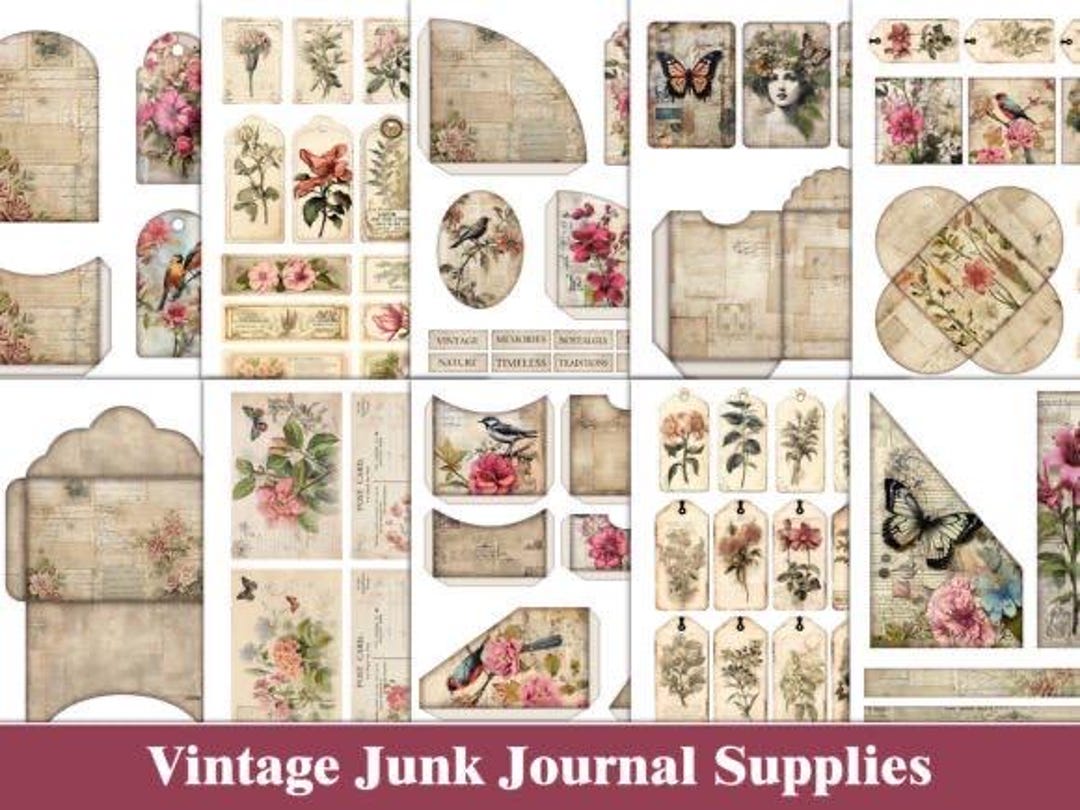 Vintage Floral Junk Journal Kit | Printable Ephemera | Scrapbook Tags ...