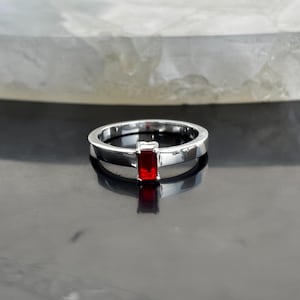 Natural Red Ruby Baguette Ring in 925 Sterling Silver, Minimal Ruby Solitaire Ring, Handmade Statement Ring for Women