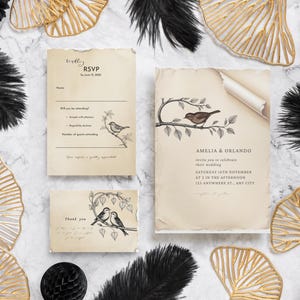 Invitación de boda con diseño de pájaro vintage / Diseño rústico / Canva editable / Descarga digital
