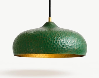 Oxidized Copper Pendant Light: Green Patina Brass, Handmade Moroccan Lamp