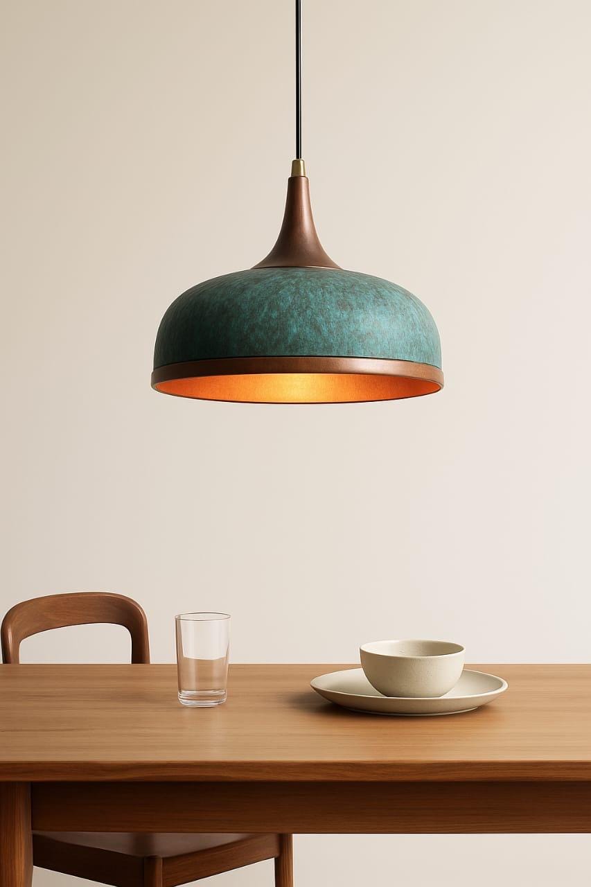 酸化グリーン銅ペンダントライト3個セット：ハンドメイド真鍮