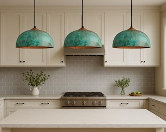 Set of 3 Oxidized pendant Copper Patina Light,Copper Patina Lamp, Hanging Pendant Lighting, Kitchen Island Lighting, Ceiling Light Fixture