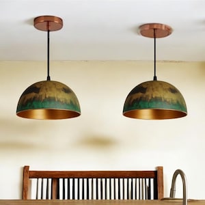 Set of 2 Oxidized Copper Dome Pendant Lights: Art Deco Kitchen Island Lighting