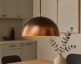 Hammered Copper Dome Pendant Light – Modern Vintage Hanging Lamp for Kitchen Island & Dining Room