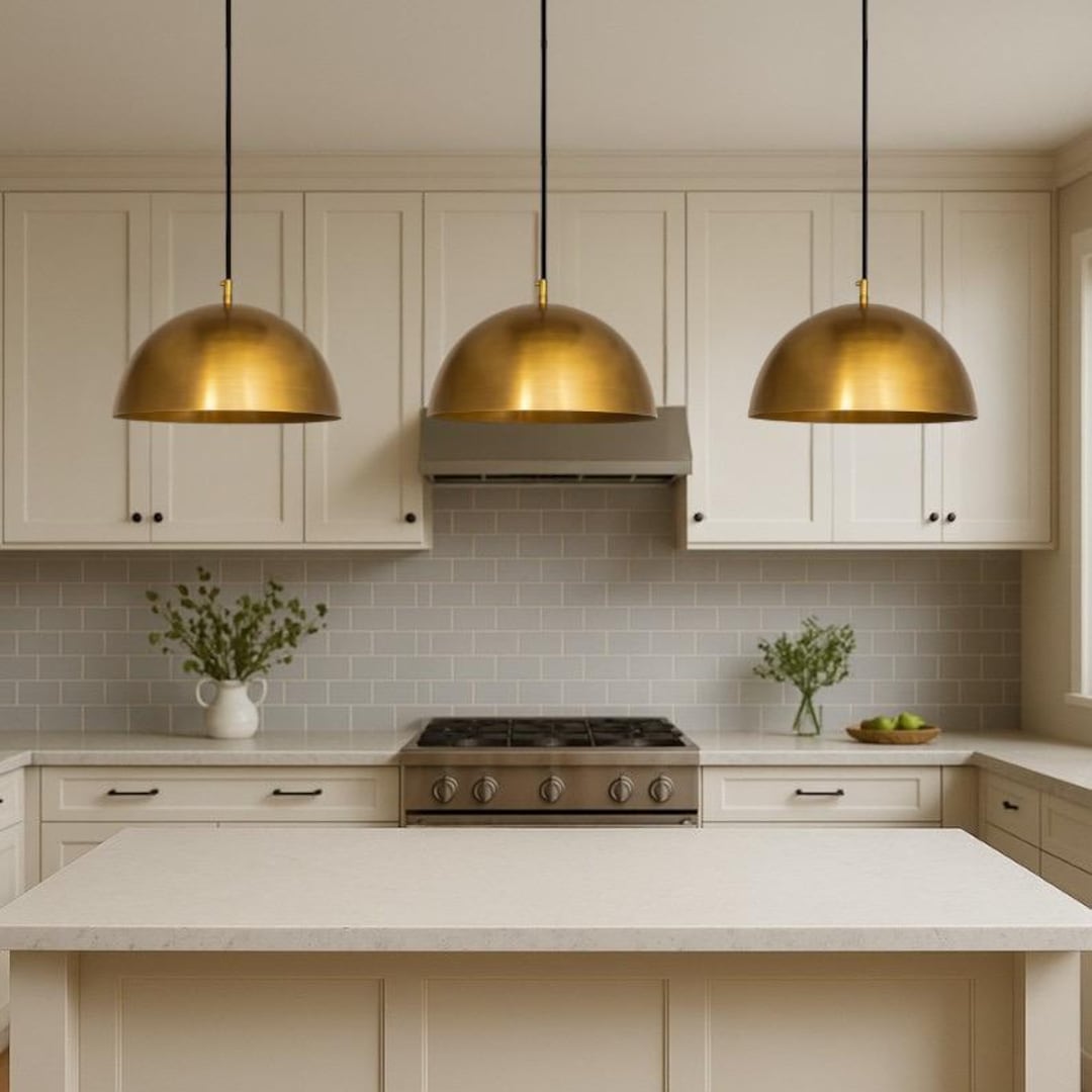 Set of 3 Brass Dome Pendant Lights: K...