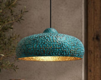 Handgefertigte Pendelleuchte aus türkisfarbenem Kupfer mit Patina, gehämmertes Kuppel-Hängelicht, rustikale Kücheninselbeleuchtung, marokkanische Deckenleuchte
