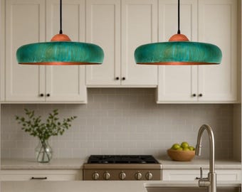 Set of 2 Modern Copper Dome Pendant Lamp Green Patina, Hammerd Dome Lamp, Ceiling Dome Lamp, Copper Dome Light fixture, Rustic Chandelier