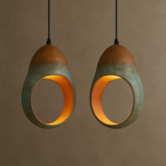 Set of 2 Oxidized Copper Patina Pendant Light Set: Kitchen Island Lighting