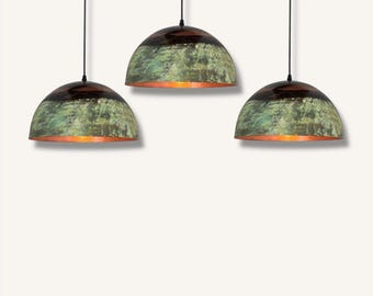 Zestaw 3 lamp wiszących z kopułą z oksydowanej miedzi: zielona patyna, styl wiejski