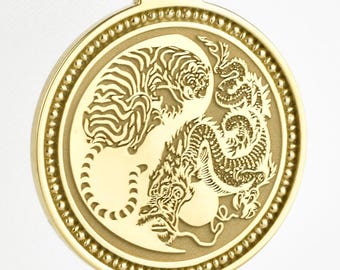 14K Solid Gold Yin Yang Tiger Dragon Necklace, Yin Yang Pendant, Feng Shui Amulet, Taoism Symbol Jewelry, Personalized Chinese Charm