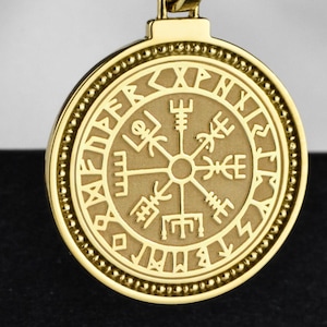 14K Solid Gold Viking Compass Necklace, Norse Protection Amulet, Pagan Jewelry, Viking Charm, Nordic Runes Medal, Vegvisir Compass Pendant