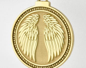 Sterling Silver Angel Wings Necklace, Guardian Angel Pendant, Spiritual Jewelry, Personalized Religious Charm, Silver Remembrance Coin Medal