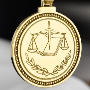 14K Solid Gold Lawyer Coin Necklace, Engraved Scales Of Justice Pendant, Personalized Gold Justice Disc Charm, Law Graduate Gift Jewelry